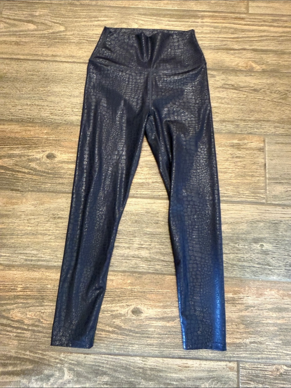 High-Waist Faux Croc Metallic Leggings - dark blue ankle length